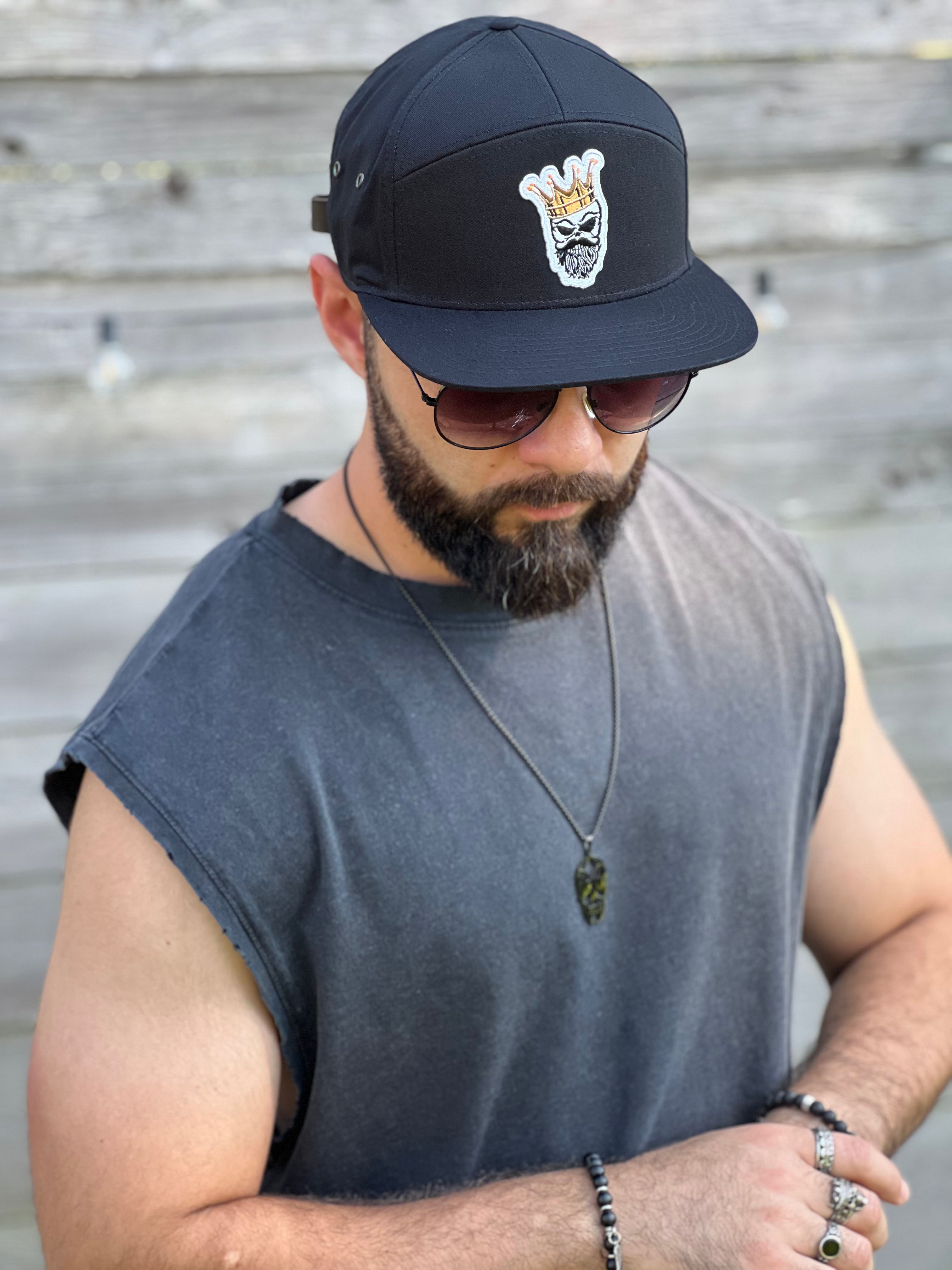 King Gold Crown - Black 7 Panel Hat with Leather Strap