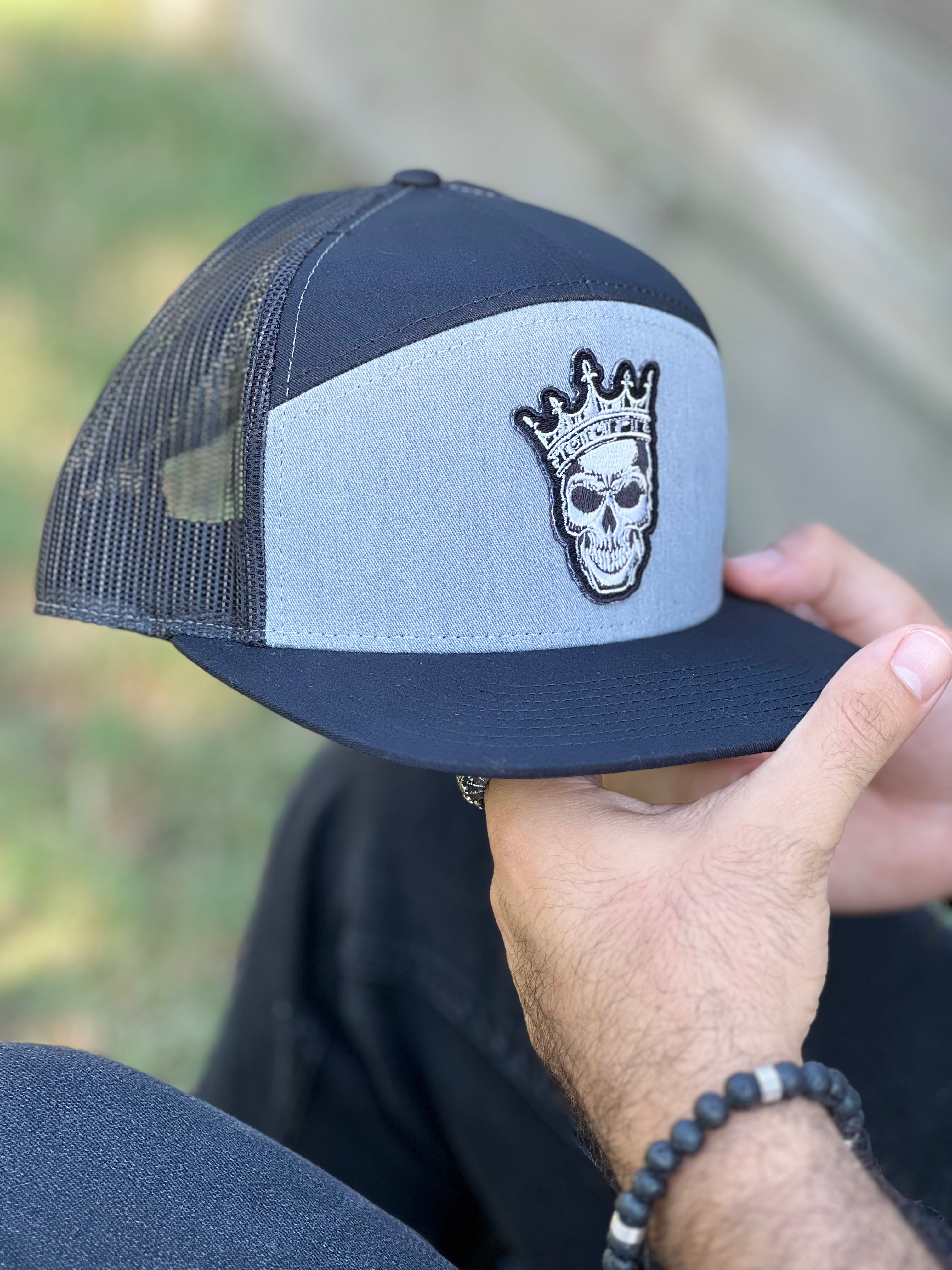King Skull - Black & Gray 7 Panel Hat Mesh