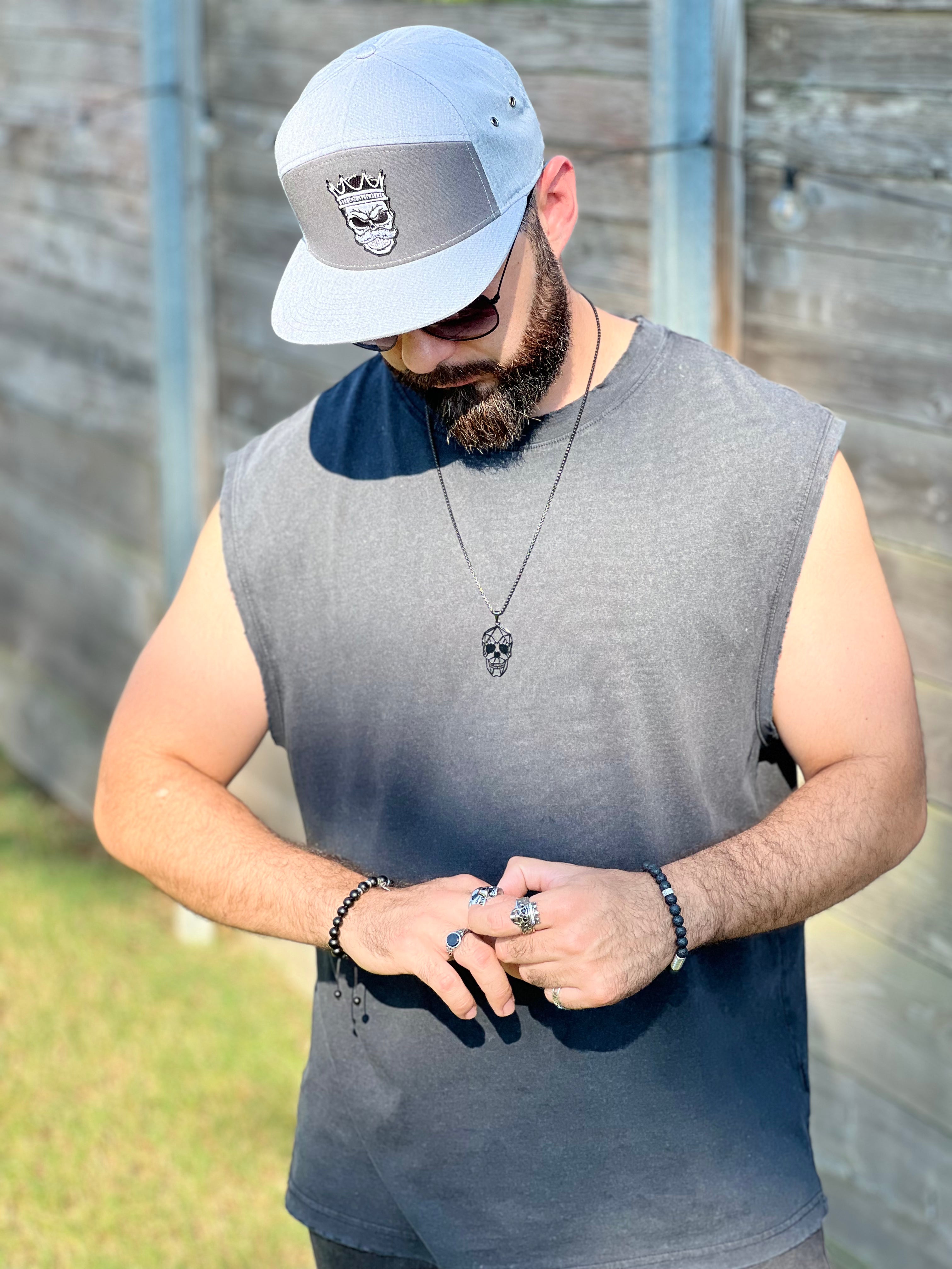 King Mustache - Double Gray 7 Panel Hat with Leather Strap