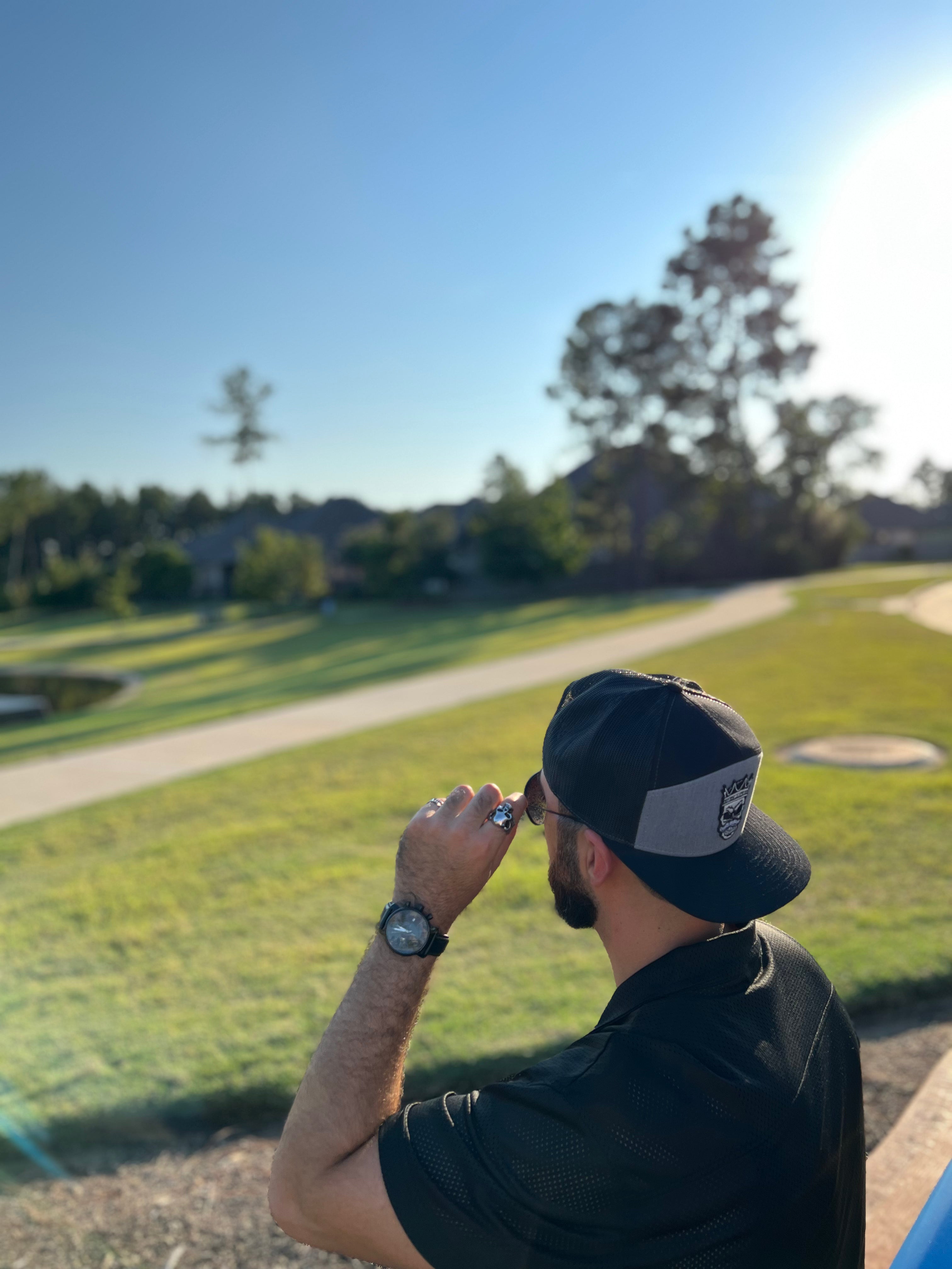 King Mustache - Black & Gray 7 Panel Hat Mesh