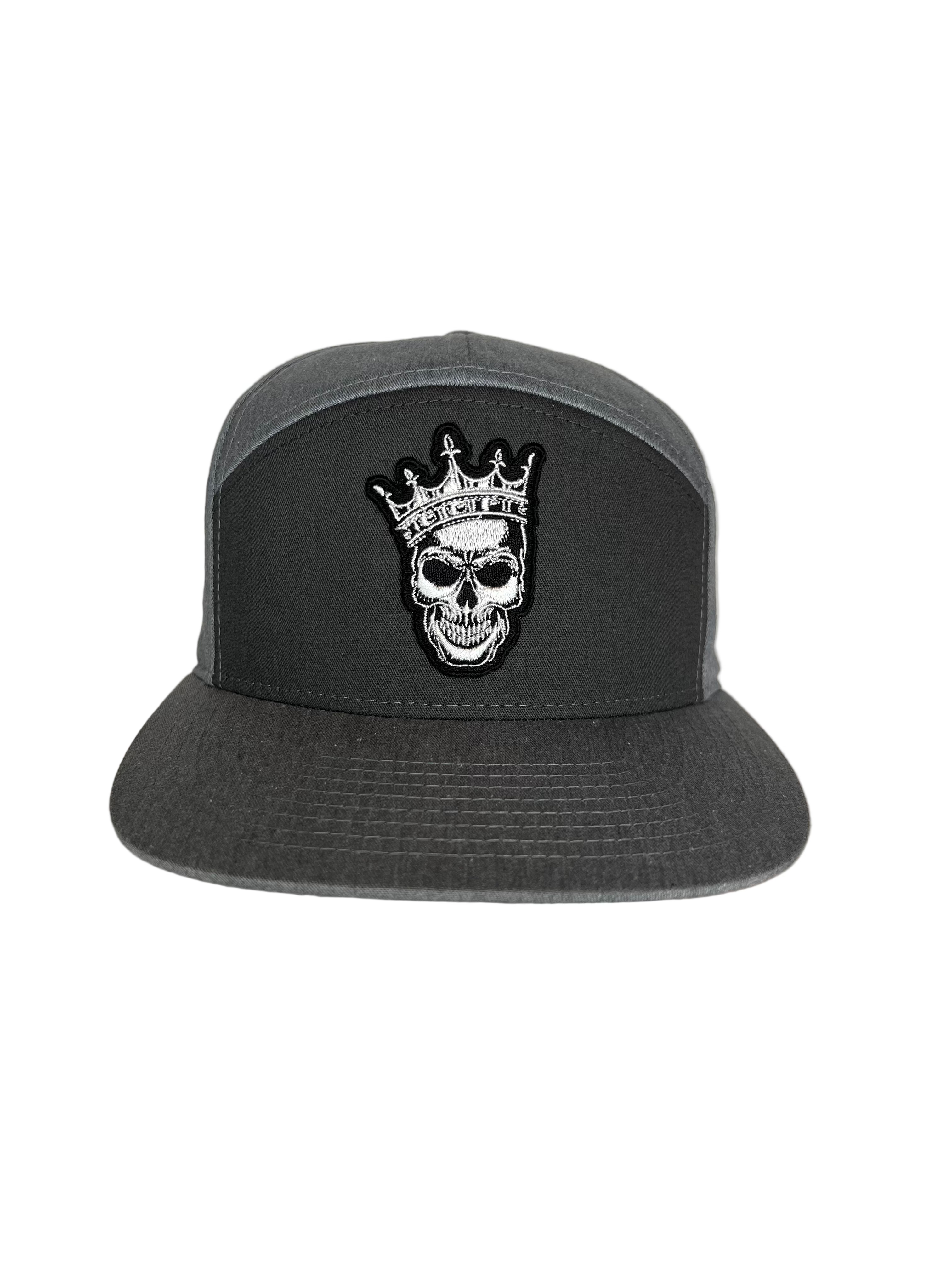 King Skull - Double Gray 7 Panel Hat with Leather Strap