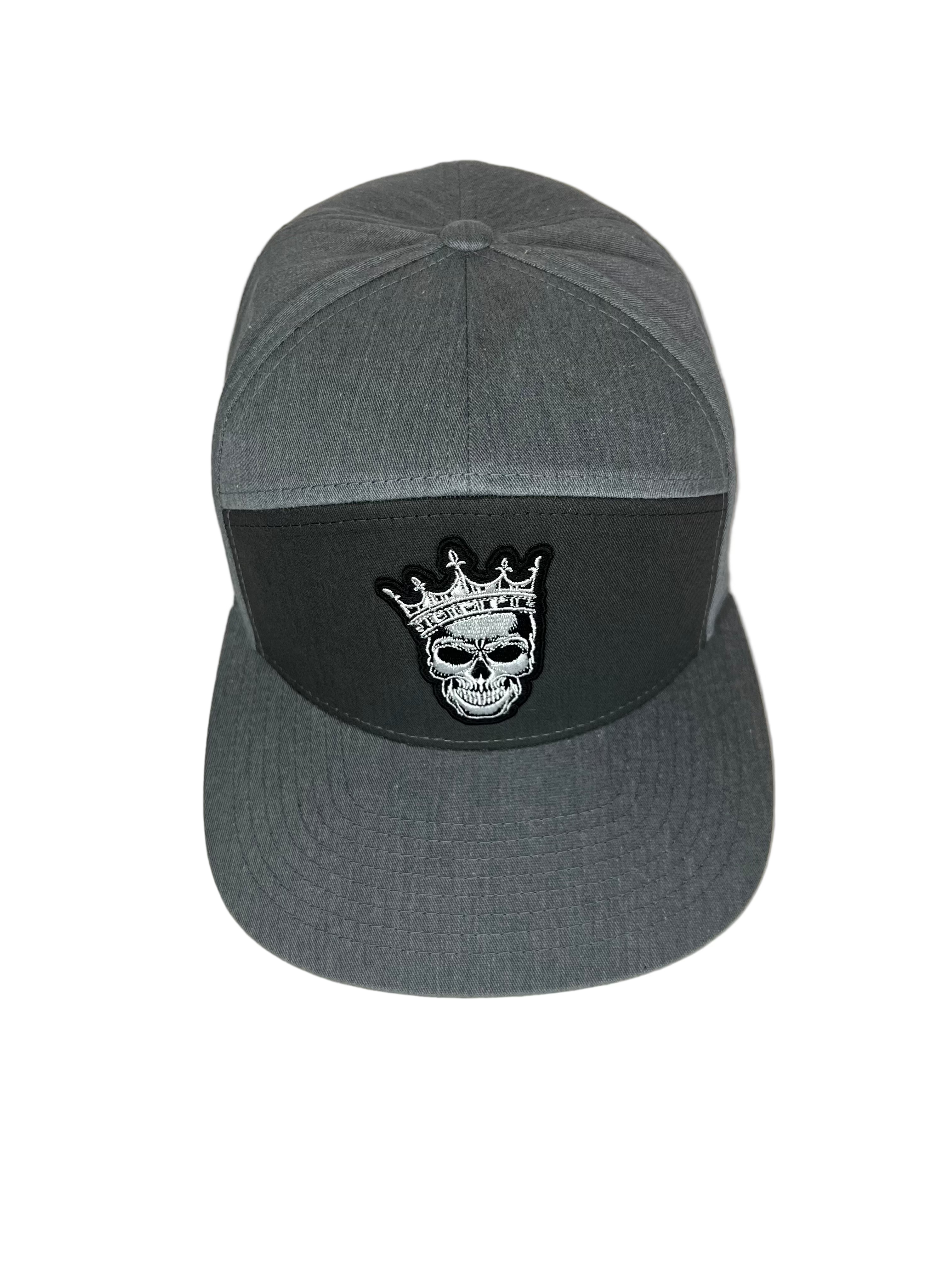 King Skull - Double Gray 7 Panel Hat with Leather Strap